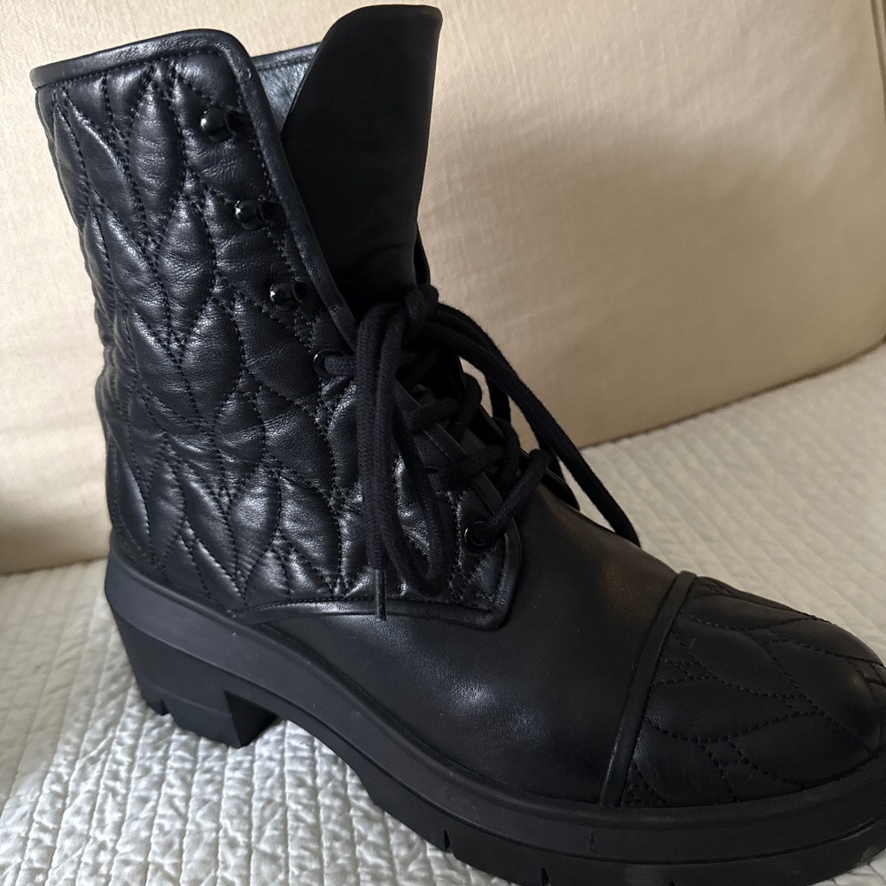 STUART WEITZMAN Leather Embroidered Accent Combat Boots